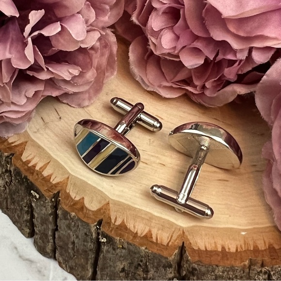 Oval Navy, Blue, Silver and Yellow Stripe Cufflinks - Picture 8 of 16